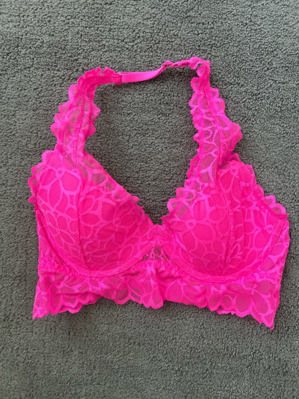 PINK Victoria's Secret Bright Neon Pink Lace Halter Longline Scalloped Bralette